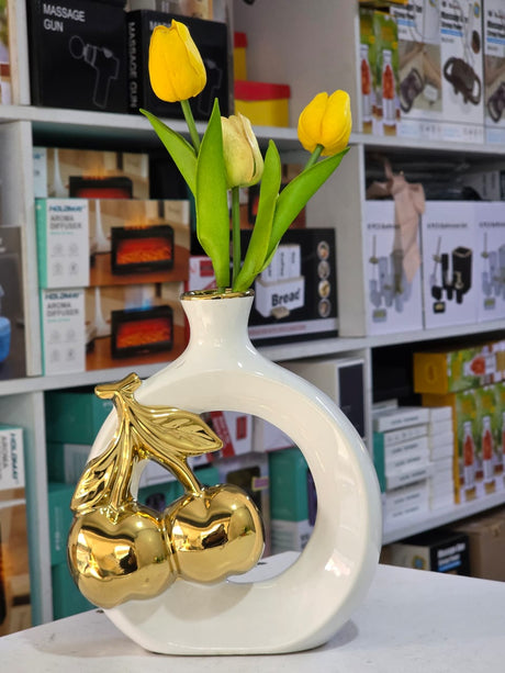 Modern Ceramic Vase with Golden Cherry and Leaf Design – Open Circle Shape