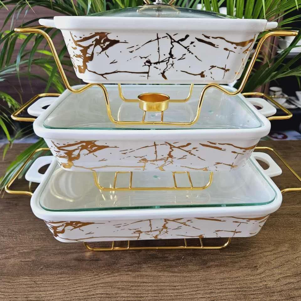 3-Piece Ceramic Serving & Chafing Dish Set – Heat-Retaining Bowls with Large Capacities Ceramic Cheffing dishes Serveware