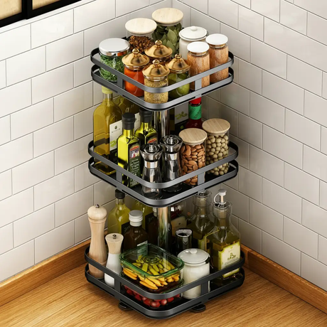 3 Tier Square Metallic Rotating Spice Rack
