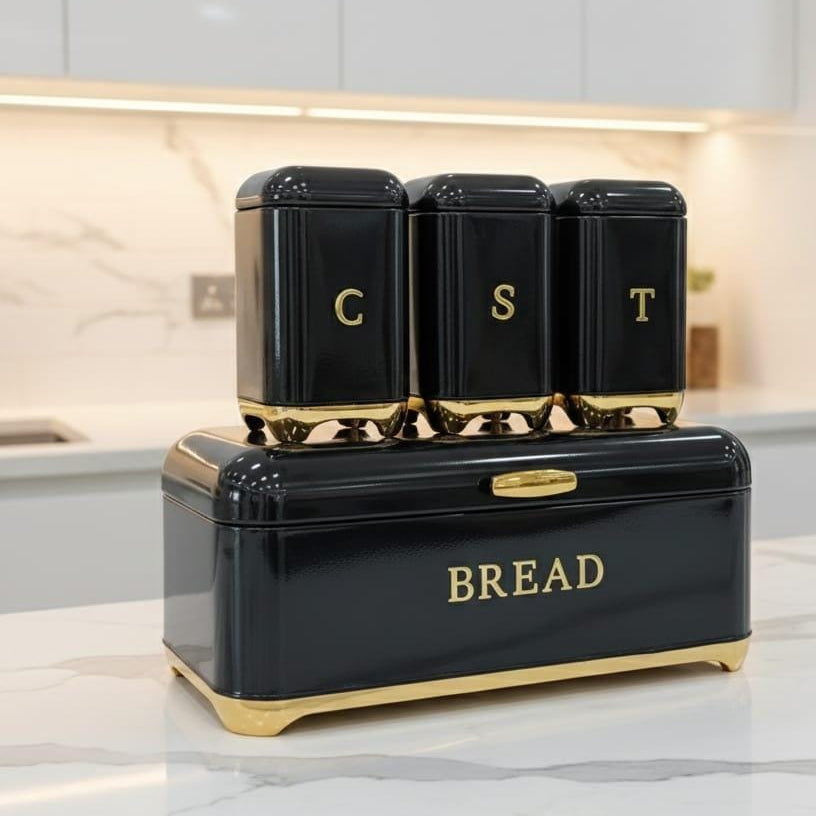 Nordic Bread Bin with 3-Canister Set Gold Bread bin and Canister set Food Storage Containers