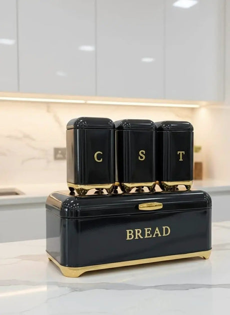 Nordic Bread Bin with 3-Canister Set Gold Bread bin and Canister set Food Storage Containers