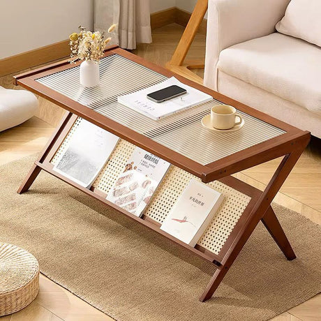 Rattan Coffee Table with Storage Shelf Elegant Living Room Centerpiece