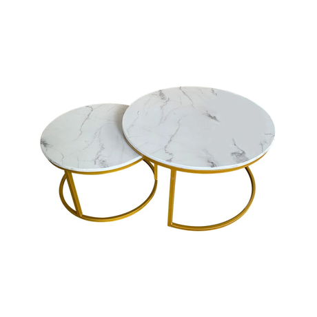 2 Piece Round Marble-Top Nesting Coffee Table Set–Gold Base