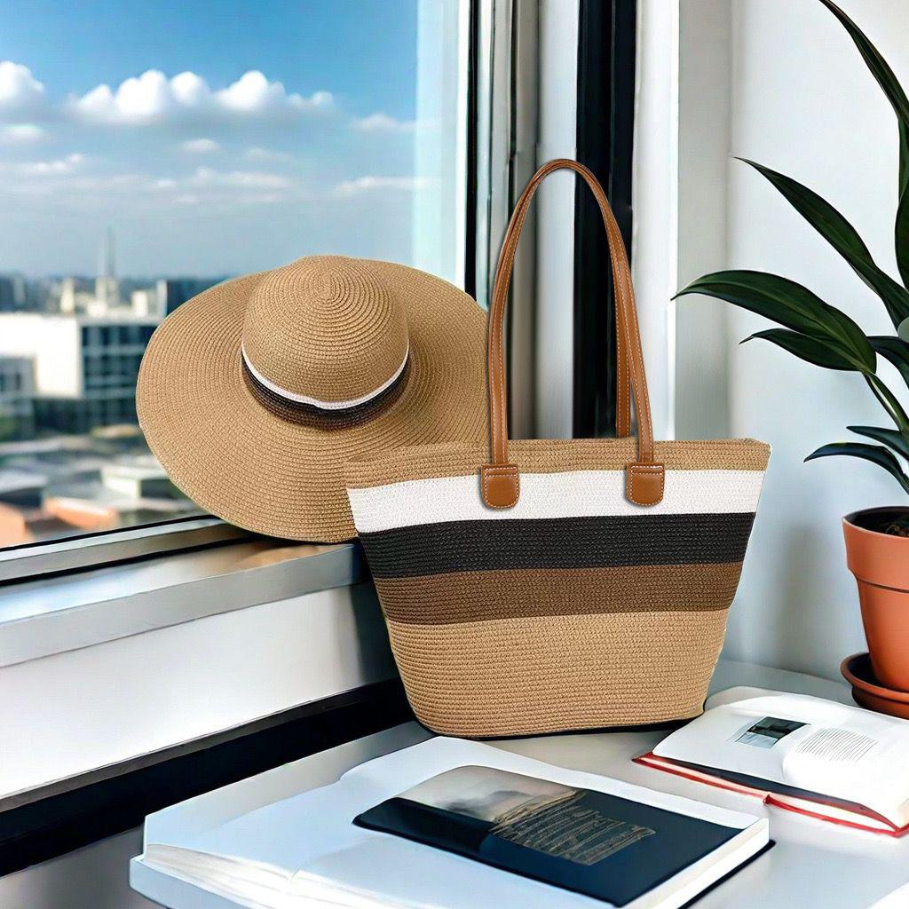 Stylish Woven Tote Summer Bag and Matching Sun Hat Set.- Furaha Finds Kenya