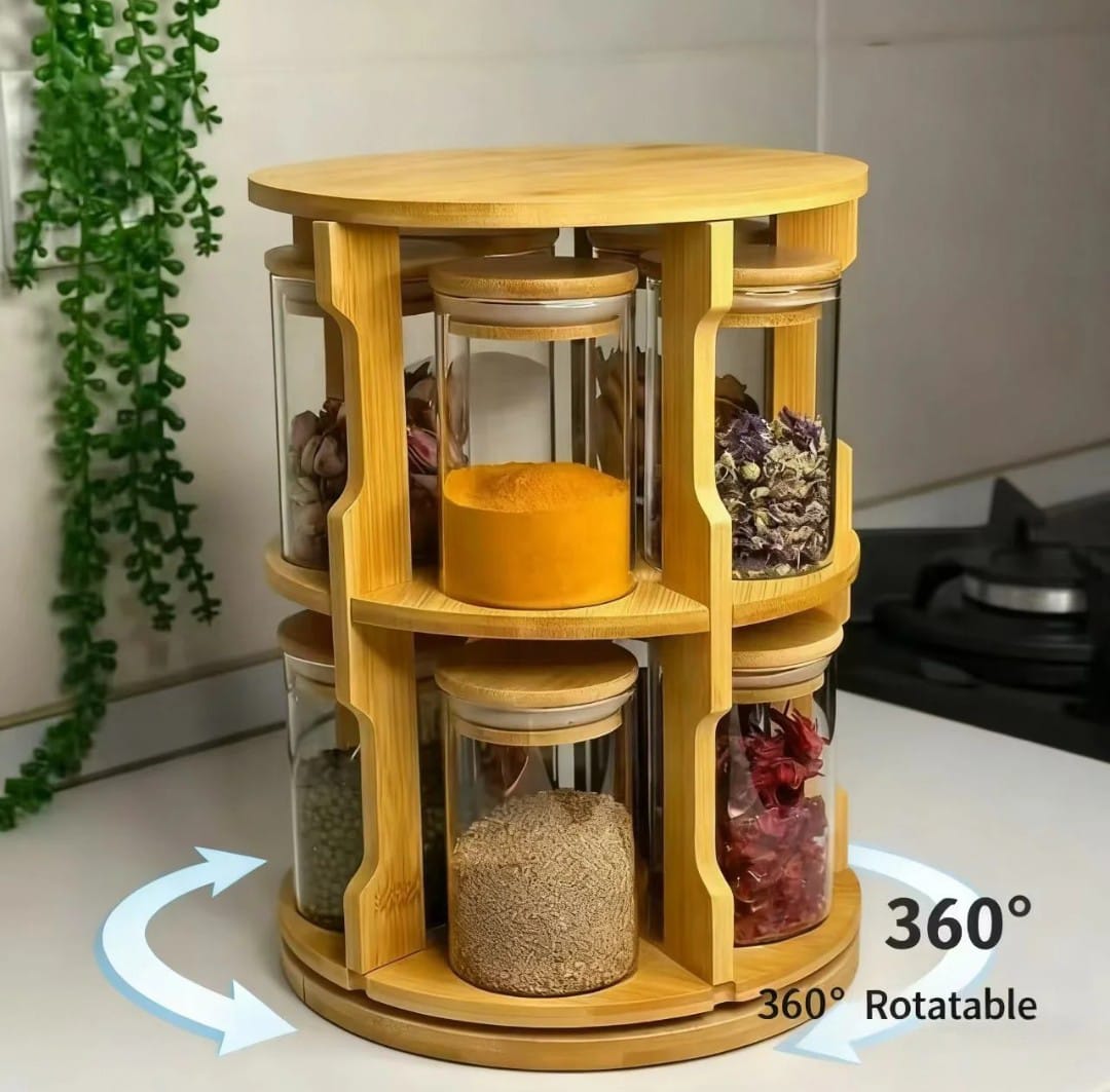 ---

10pcs 360 Bamboo Rotating Spice Jar Set – 300ml Glass Jars with Rotatable Rack