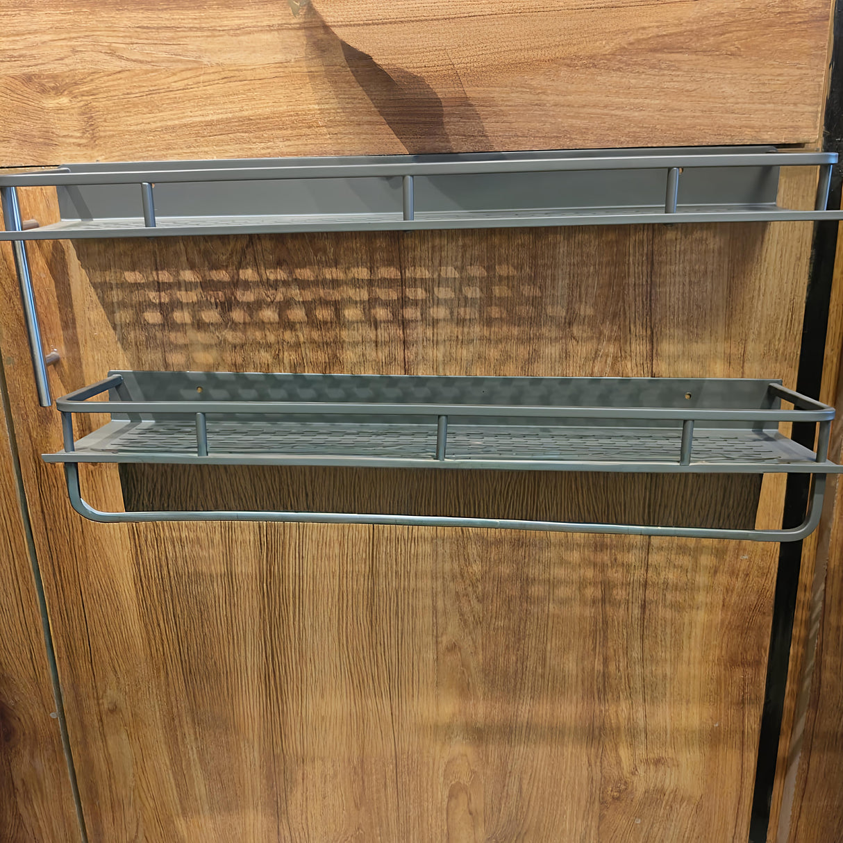 Bathroom Wall Shelf with Towel Bar – Matte Grey, Rustproof & Adhesive Mount