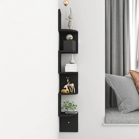 Modern Zig-Zag Wall-Mounted Corner Shelf 5-Tier Space-Saving Display Rack in Elegant Black