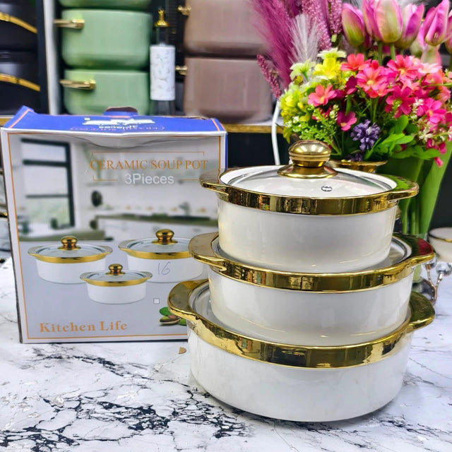 3pcs Gold Ceramic Serving Dishes with Glass Covers – 3L, 2L and 1.5L Multipurpose Set Uncategorized