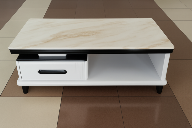 Modern Coffee Table with White and Beige Marble Top and Storage Drawer