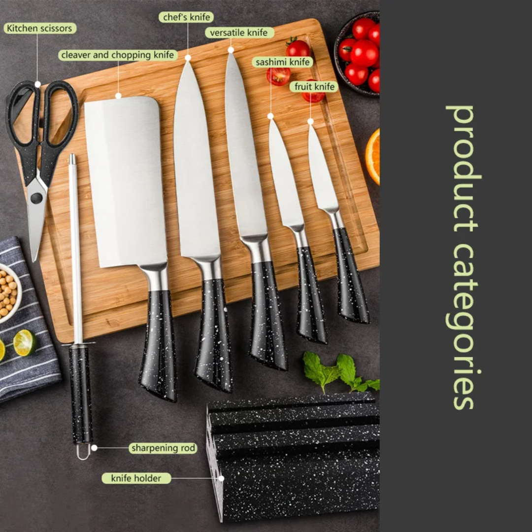 7Piece Stainless Steel Knife Set with Stand – Grey, Black, White- Furaha Finds Kenya