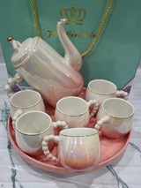 Fine Ceramic 8pcs Rotating Tray Tea Set with 6 Cups and Kettle