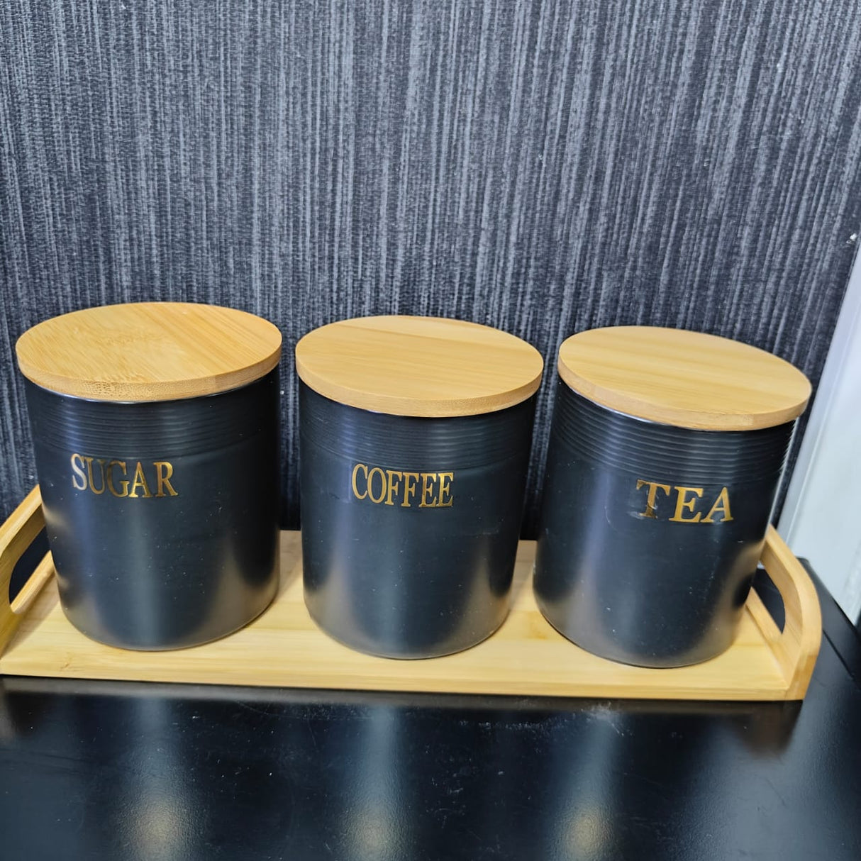 3pcs Ceramic Canisters with Bamboo Tray – Airtight 500g Storage Jars