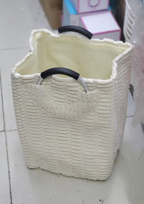 Velvet Corduroy Laundry Basket – White and Grey