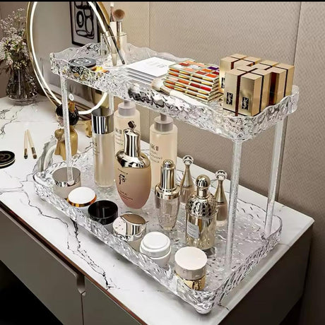 Two-Tier Crystal Makeup Organizer with Decorative Rabbit Accent