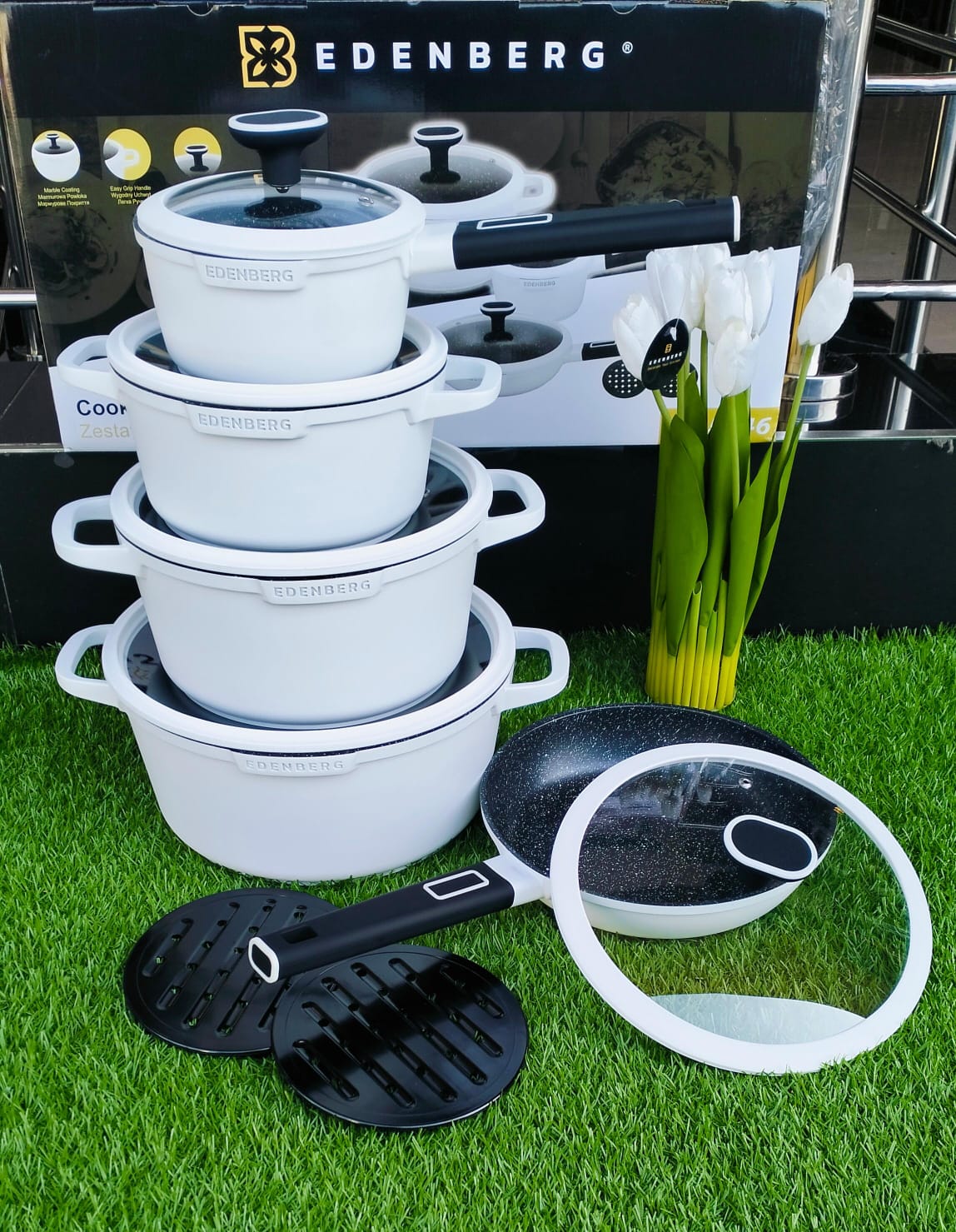 12pcs Jungle Green Edenburg Nonstick Cookware Set with Induction Bottom
