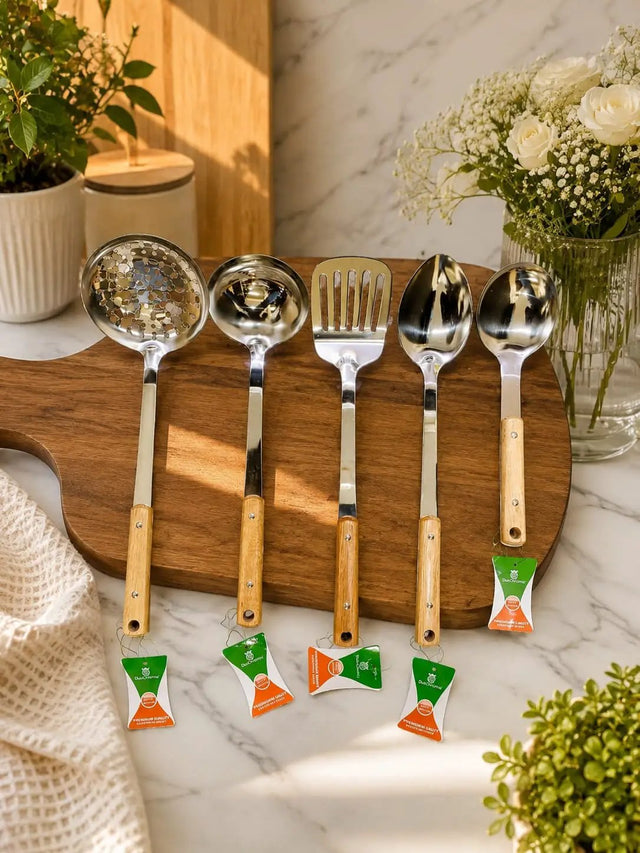 Wooden Handle Serving Spoon Set (5pc) Utensils Serving Spoons