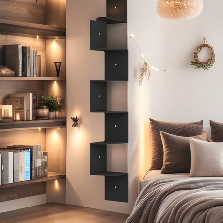Modern Zig-Zag Wall-Mounted Corner Shelf 5-Tier Space-Saving Display Rack in Elegant Black