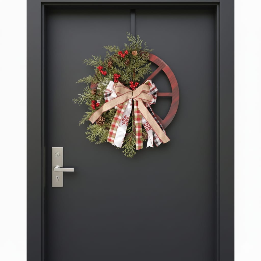40cm Christmas Rustic Wagon Wheel Wreath – Festive Red, Green & Natural Tones