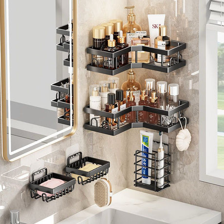 Multipurpose 5pcs Shower Caddy Shelf Set – Rectangular and Corner Wall Organizer