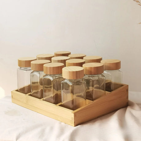 12pcs Glass Spice Jars with Rack – Kitchen Storage Organizer