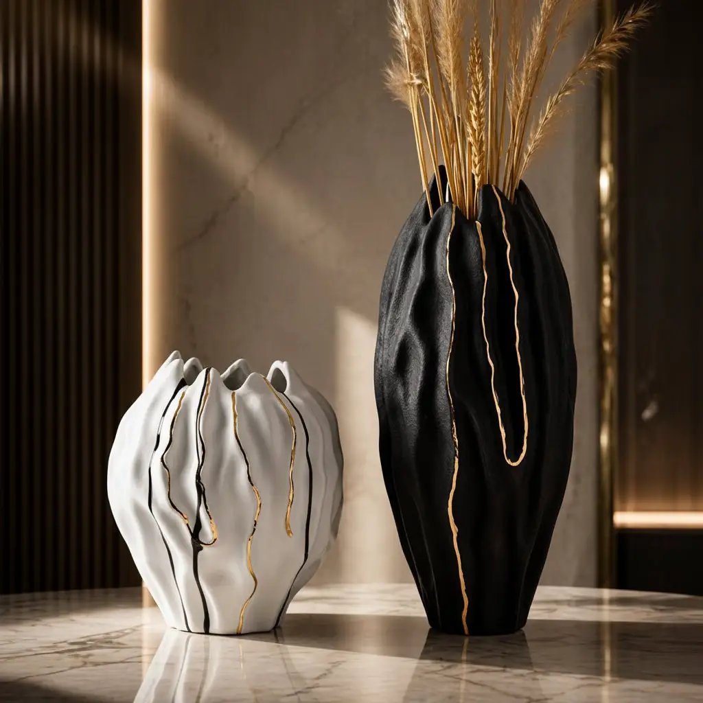 Gold and Black, Gold and White Tall Vase Set Decor Vases