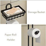 Toilet Paper Holder Floor Stand with Rolling Paper Rack and Bathroom Storage Shelves