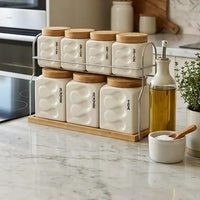 Luxury Ceramic Canister Set With Bamboo Lids And Chrome Tray 8 Piece Kitchen & Dining Food Storage Containers