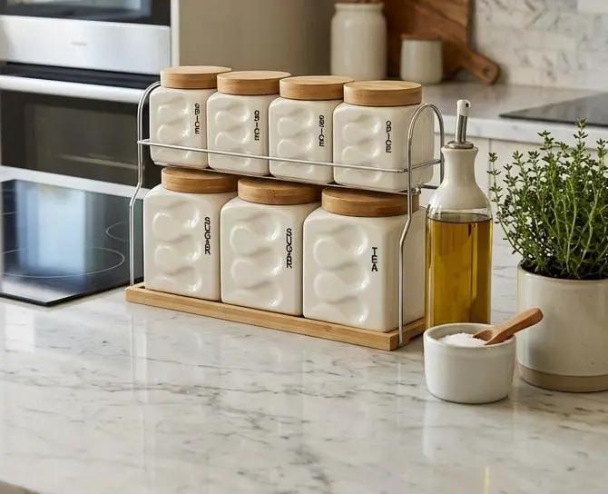 Luxury Ceramic Canister Set With Bamboo Lids And Chrome Tray 8 Piece Kitchen & Dining Food Storage Containers