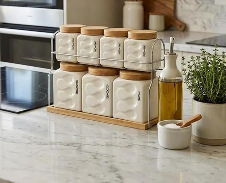 Luxury Ceramic Canister Set With Bamboo Lids And Chrome Tray 8 Piece Kitchen & Dining Food Storage Containers