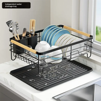 Dish Rack - Single Tier Metal Wire with Draining Tray Cutlery Holder and Wood Handle Bar Black Kitchen & Dining Dish Racks