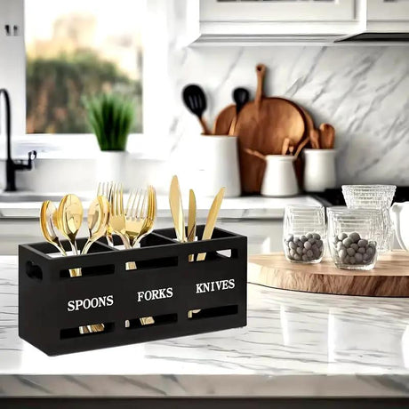 Three Compartment Matte Black Wooden Cutlery Holder Caddy Spoons Forks Knives Kitchen & Dining Utensil & Flatware Trays