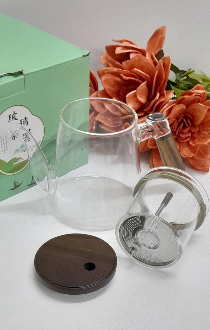 Classy Frosted Borosilicate Glass Tea Pot with Bamboo Handle 1000ml Capacity