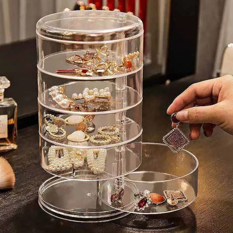 5-Layer Rotatable Jewelry Storage Box with Transparent Cylinder Design for Earrings and Accessories
