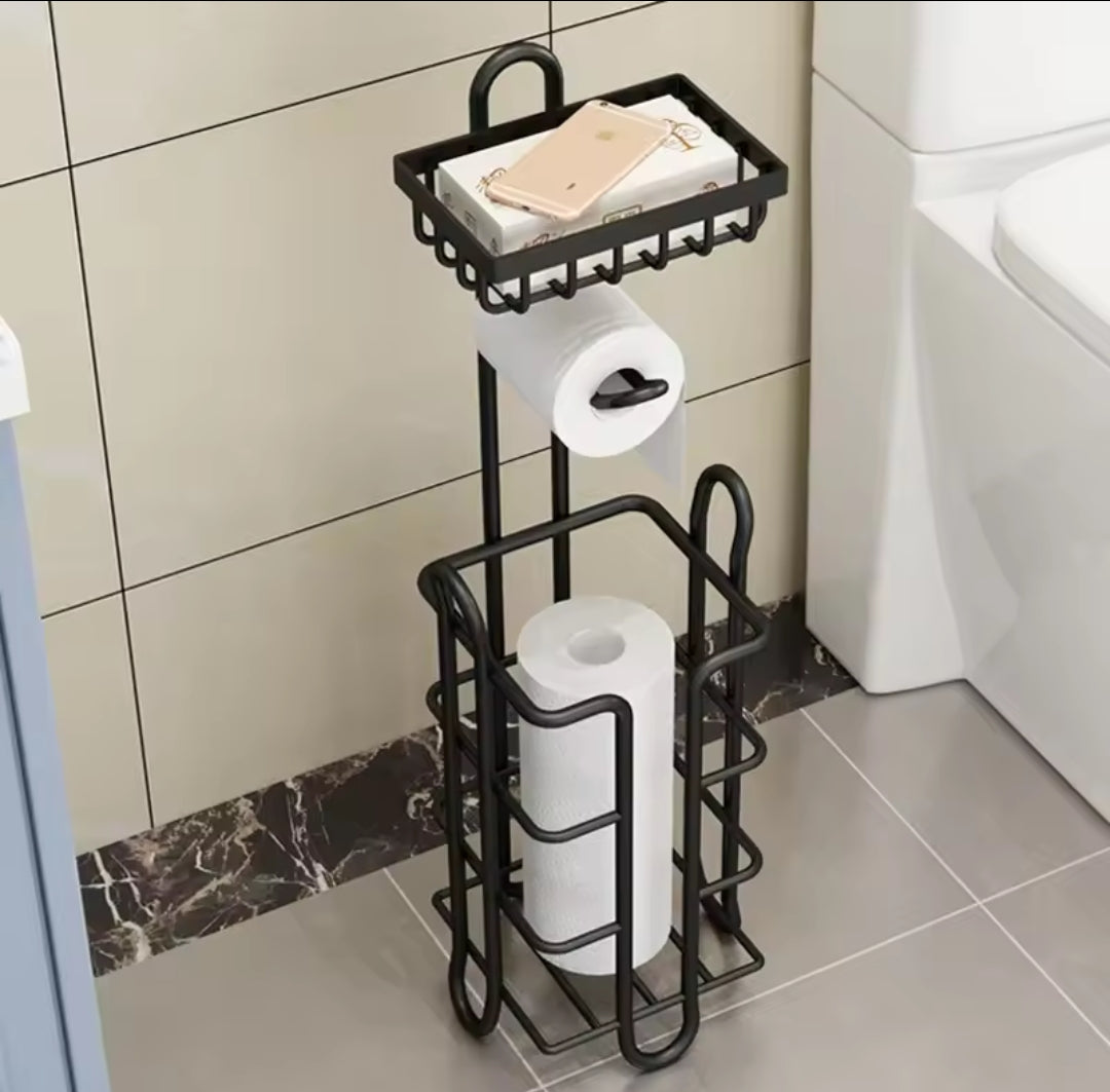 Toilet Paper Holder Floor Stand with Rolling Paper Rack and Bathroom Storage Shelves