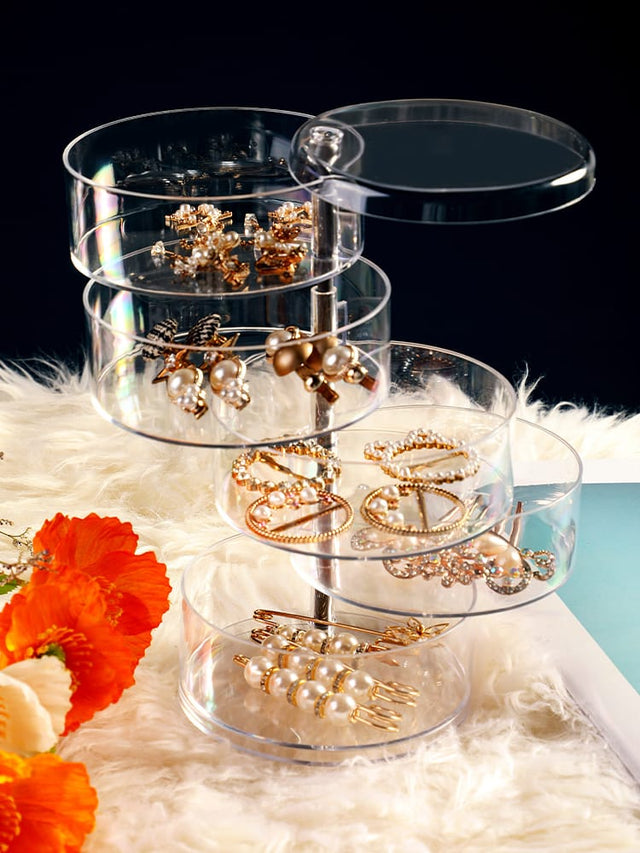 5-Layer Rotatable Jewelry Storage Box with Transparent Cylinder Design for Earrings and Accessories