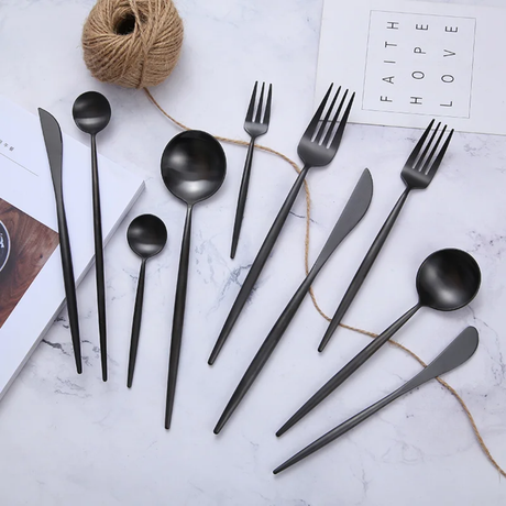 30 Piece Black Stainless Steel Cutlery Set for Elegant Dining- Furaha Finds Kenya