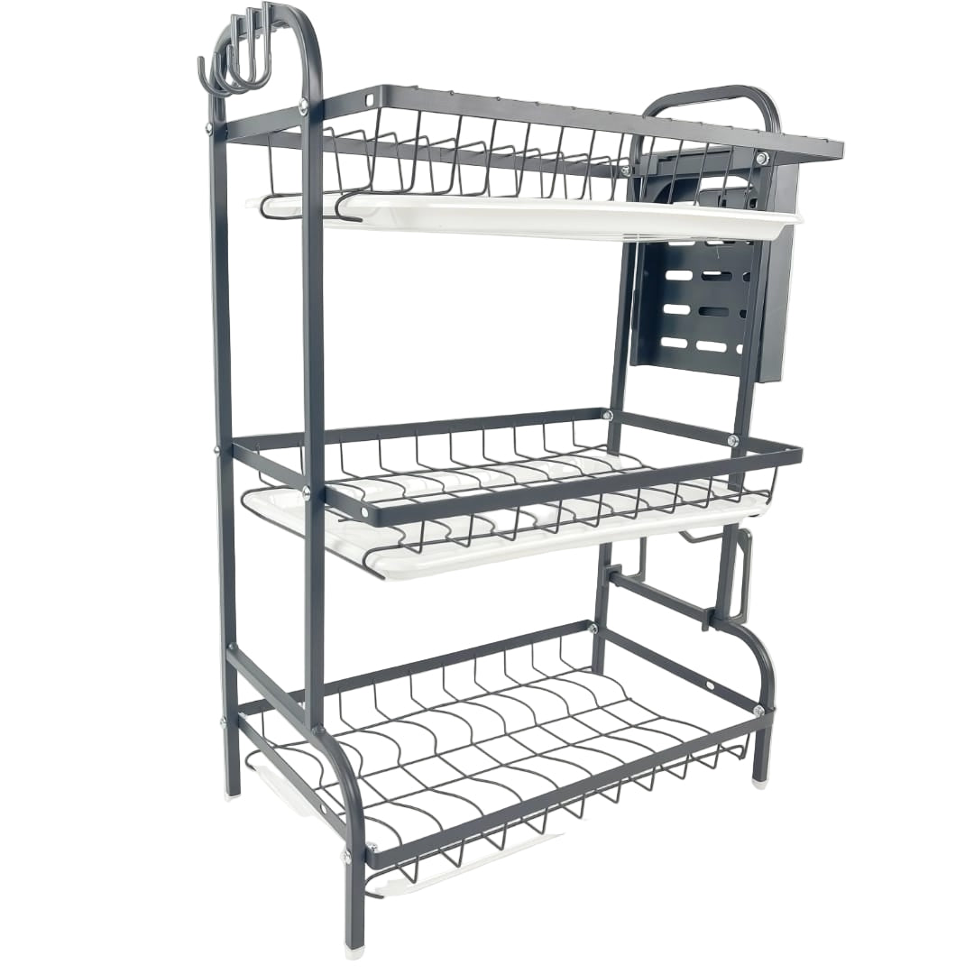 3-Tier Carbon Coated Dish Rack with Cutlery Holder and Drip Tray