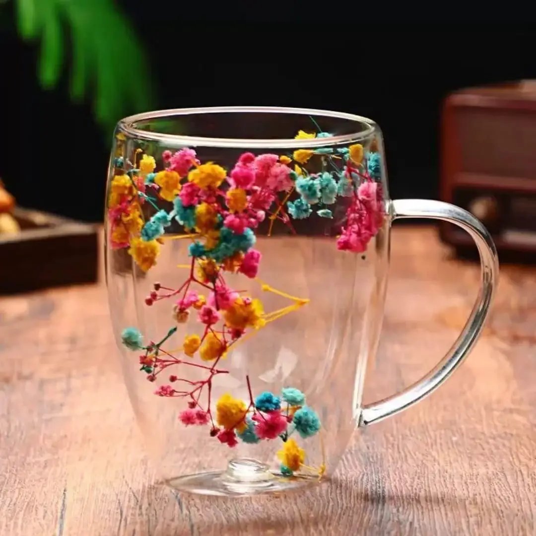 Double Wall Glass Mug with Pressed Floral Design Mugs
