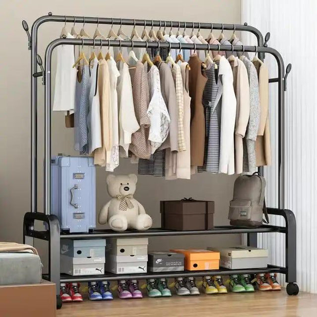 Double Layer Floor Standing Garment Rack – Mobile Clothes Hanger with Shoe Shelves (160x110x25cm)