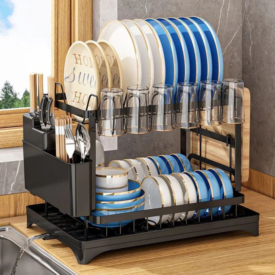 Classy High Quality 2 Tier Dish Rack with Chopping Board Rack and Spoon Holder – Black