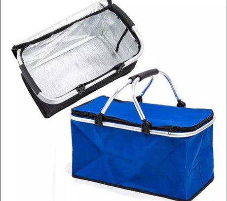 Furaha Finds Foldable Insulated Picnic Bag 48x28x22 cm, keeps food hot or cold, available in Black, Red, and Blue, perfect for travel, groceries, and outdoor use.