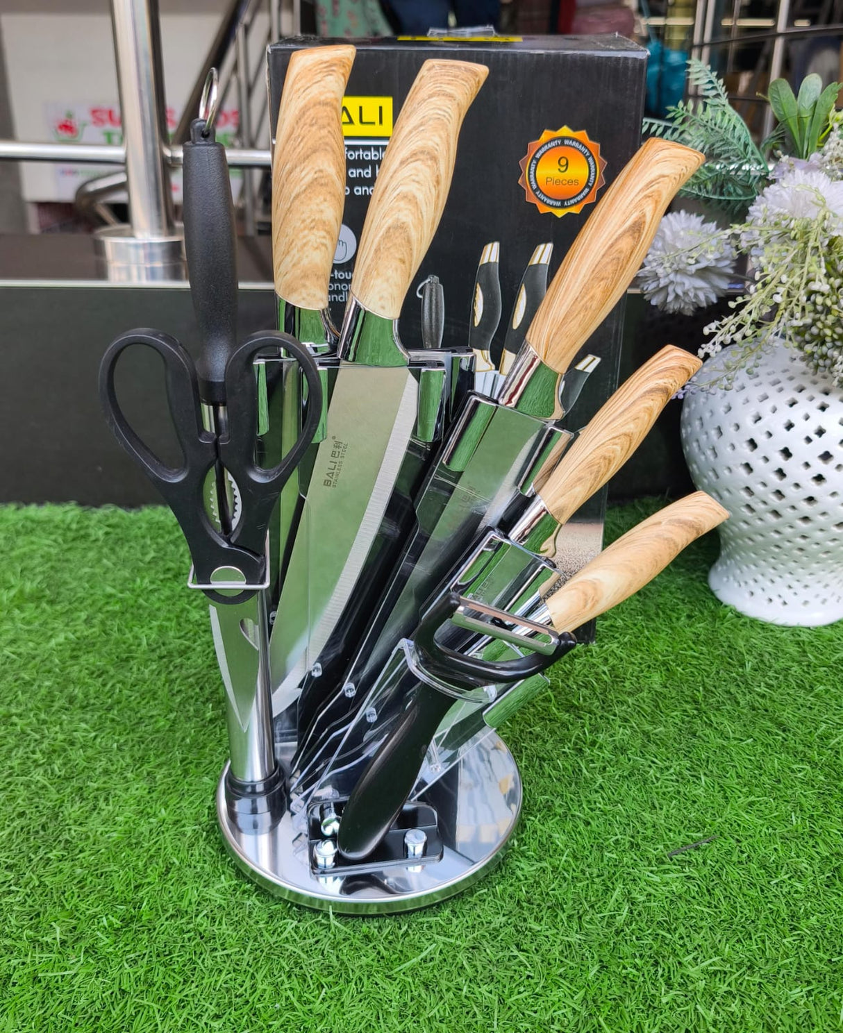 9 Piece Wooden Kitchen Knife Set with Stainless Steel Blades and Accessories