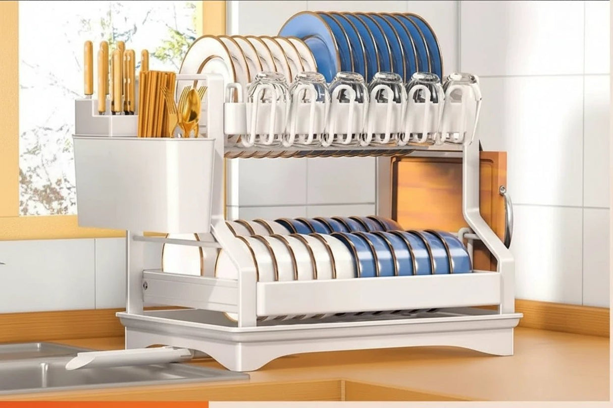 2 Tier Kitchen Dish Rack with Drain Tray Large Capacity Countertop Organizer Dish Racks