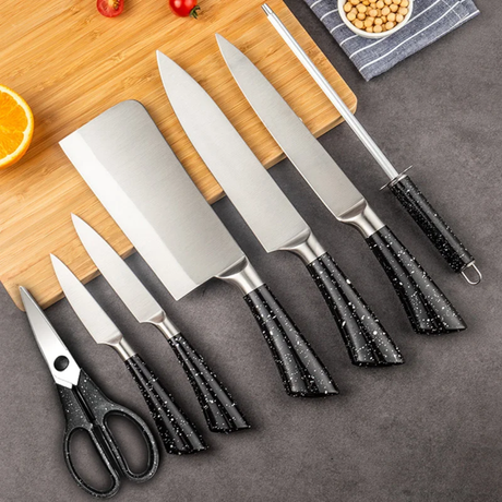 7Piece Stainless Steel Knife Set with Stand – Grey, Black, White- Furaha Finds Kenya