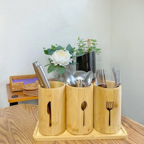 Eco-Friendly 4-in-1 Bamboo Cutlery Holder with Base – Kitchen Organizer- Furaha Finds Kenya