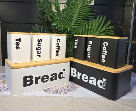 Bread Bin with Three Canister Set – Bamboo Lid Kitchen Storage in White or Black- Furaha Finds Kenya