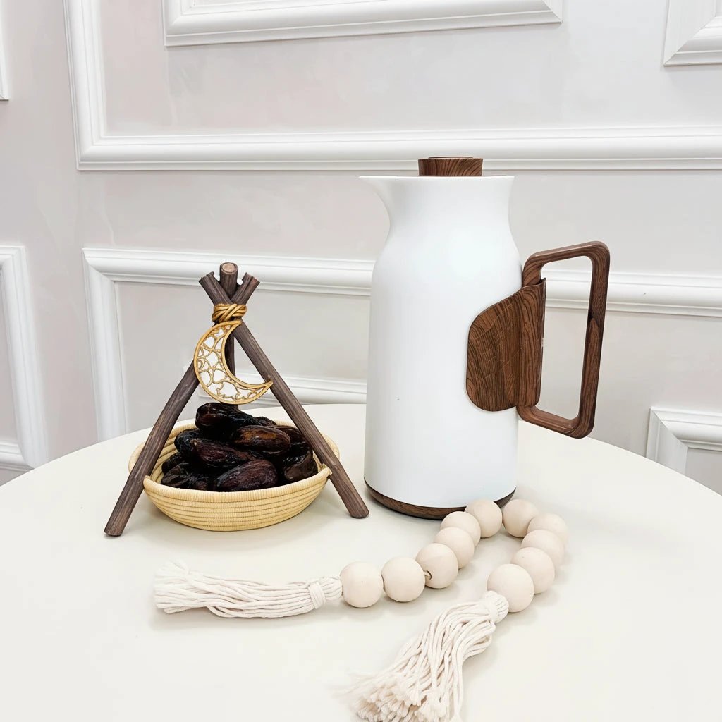 1L Vacuum Flask with Wood Handle White Elegant Thermal Carafe Kitchen & Dining Thermoses