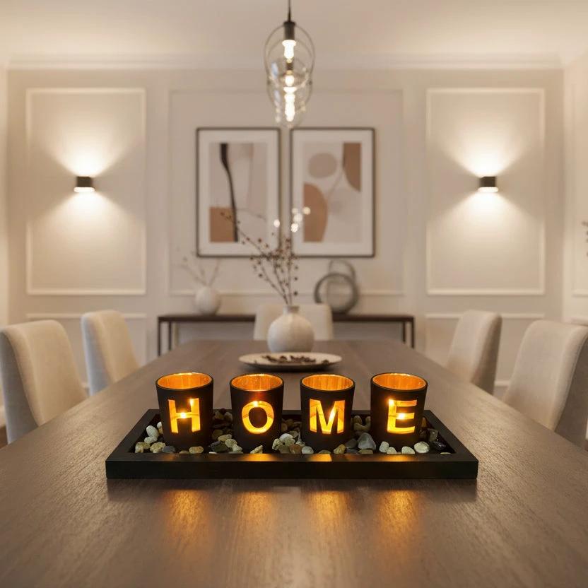 HOME Branded 4 Piece Glass Candle Holder Set with Wooden Base and Pebbles Candle Holders