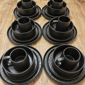 Black Ceramic 24pcs Dinner Set with Textured Modern Finish dinnerware Dinnerware Sets