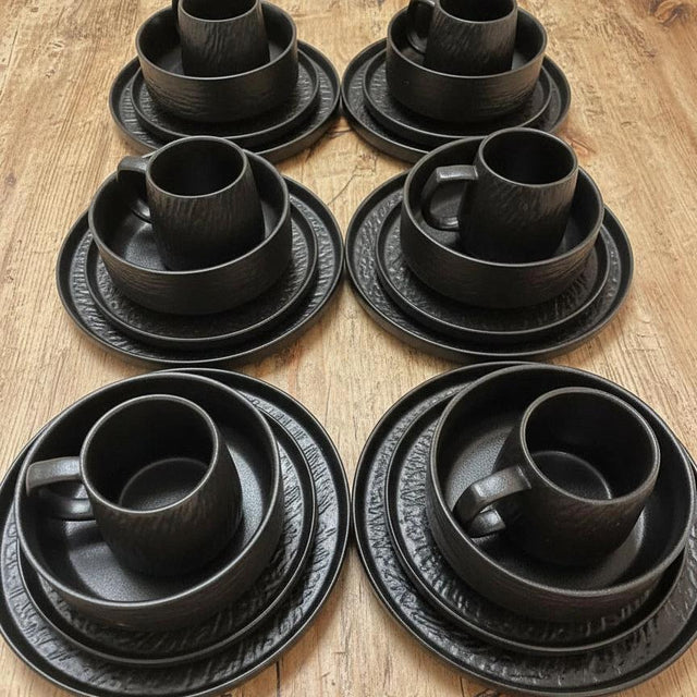 Black Ceramic 24pcs Dinner Set with Textured Modern Finish dinnerware Dinnerware Sets